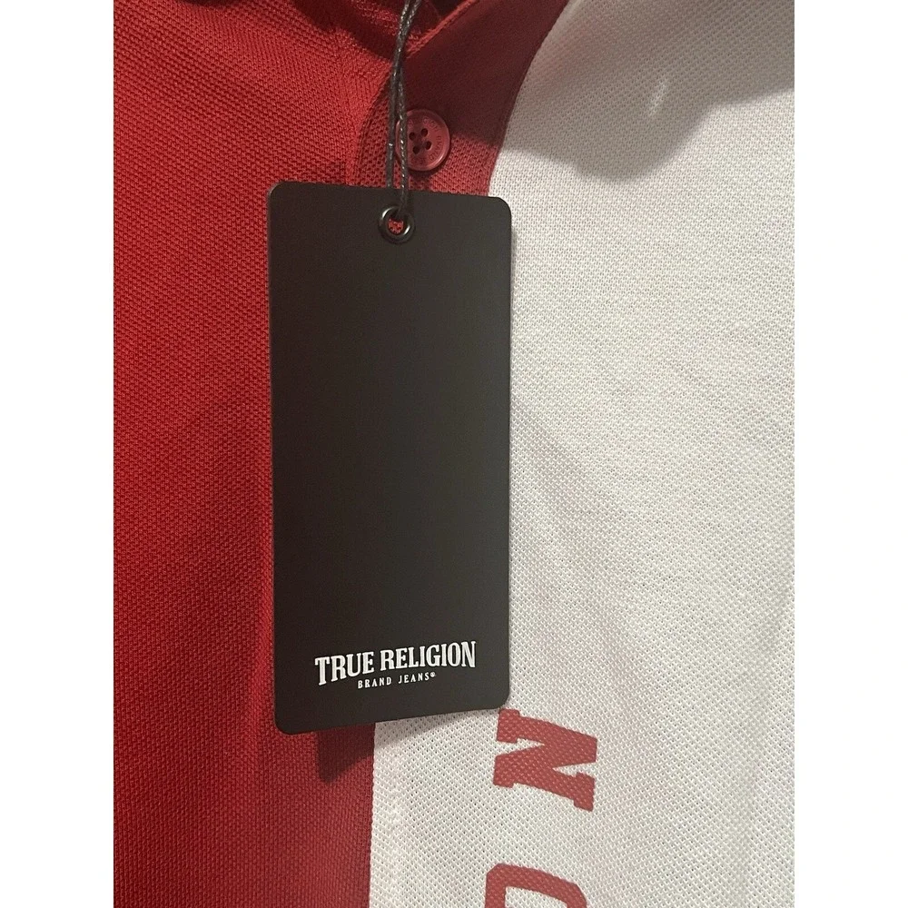 Men's True Religion Buddha Logo SS Polo Shirt - Color Block - Red White - Size S